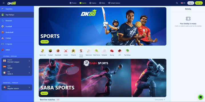 Halaman sportsbook Dash King 88 dengan senarai acara, pasaran pertaruhan dan panel slip pertaruhan